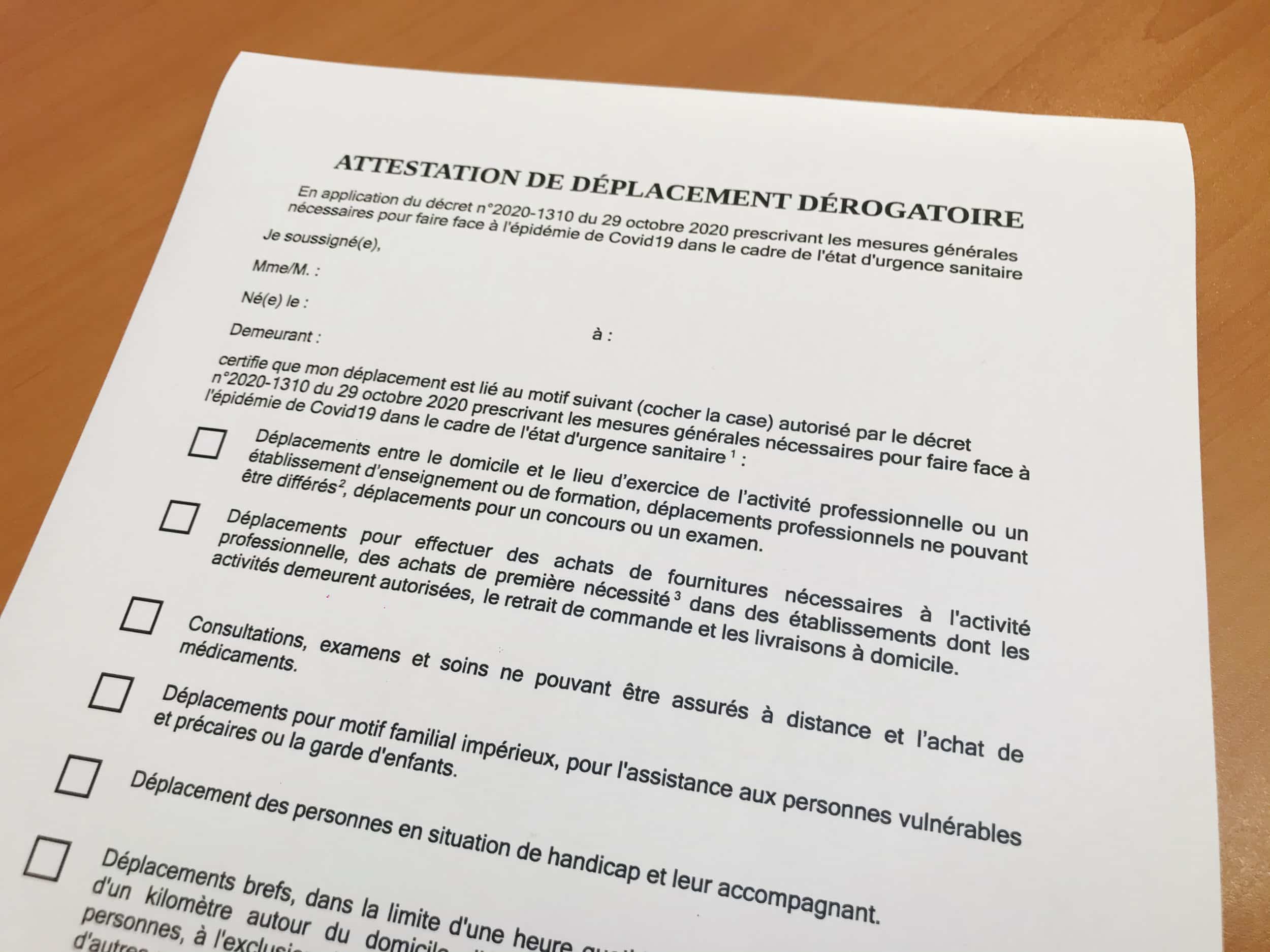 Attestation de déplacement dérogatoire et justificatifs de déplacement