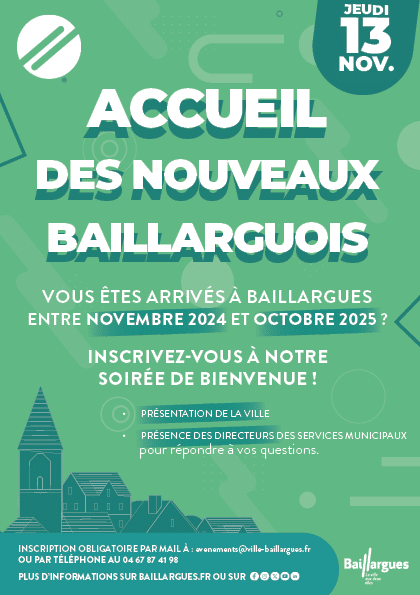 Flyer de la soirée de bienvenue des nouveaux habitants à Baillargues le 13 novembre 2025 avec programme et inscriptions.